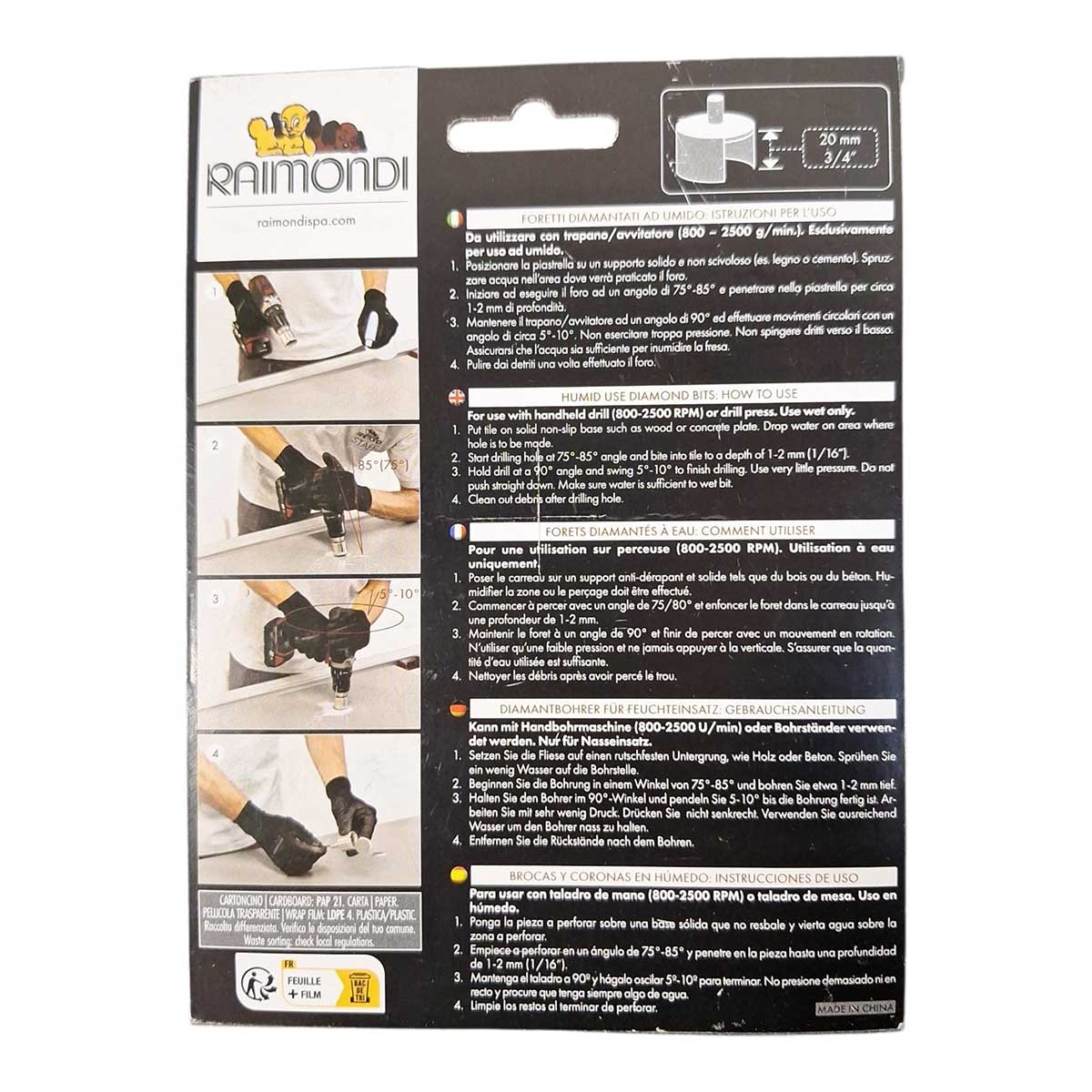 Raimondi wet drilling diamond bit for tile installation showing product images, instructions in Spanish and English, and a small product diagram on a white background.