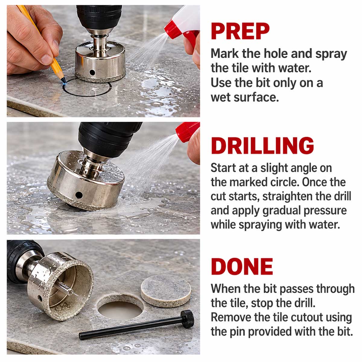 Raimondi Rai Bit Humid diamond drill bit wet drilling instructions for tile preparation and hole cutting