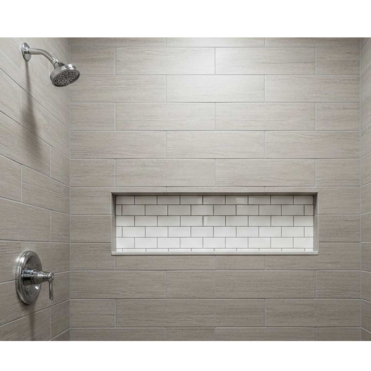 Recess-It adjustable shower niche installed with porcelain tile