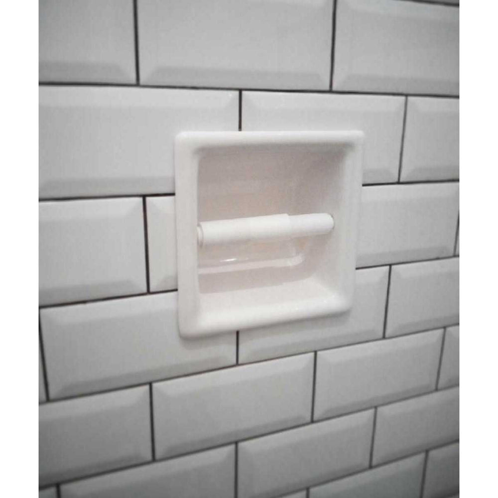 Porcelain Recessed Tissue Holder - Biscuit Glossy Installed on wall tile
