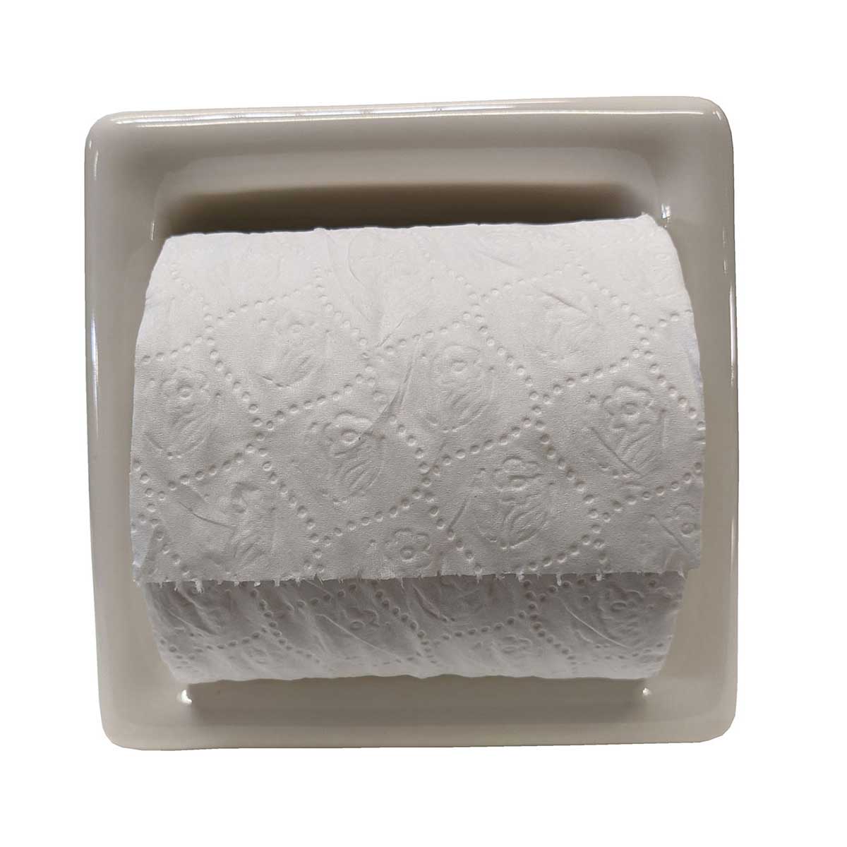 Roll of white paper towels in a beige holder on Porcelain Recessed Tissue Holder - Biscuit Glossy