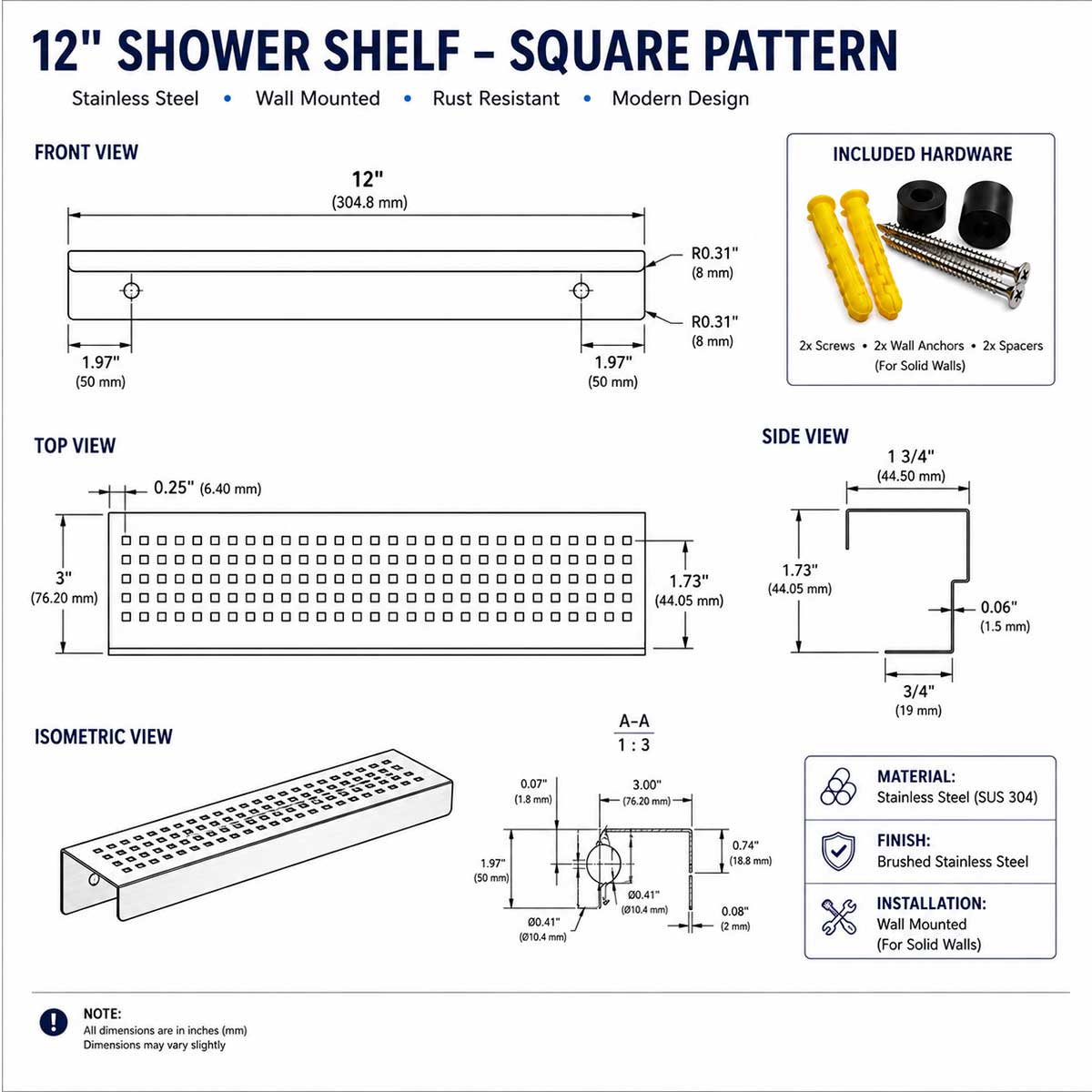SereneDrains 12 inch rectangular stainless steel shower shelf with square pattern and installation hardware