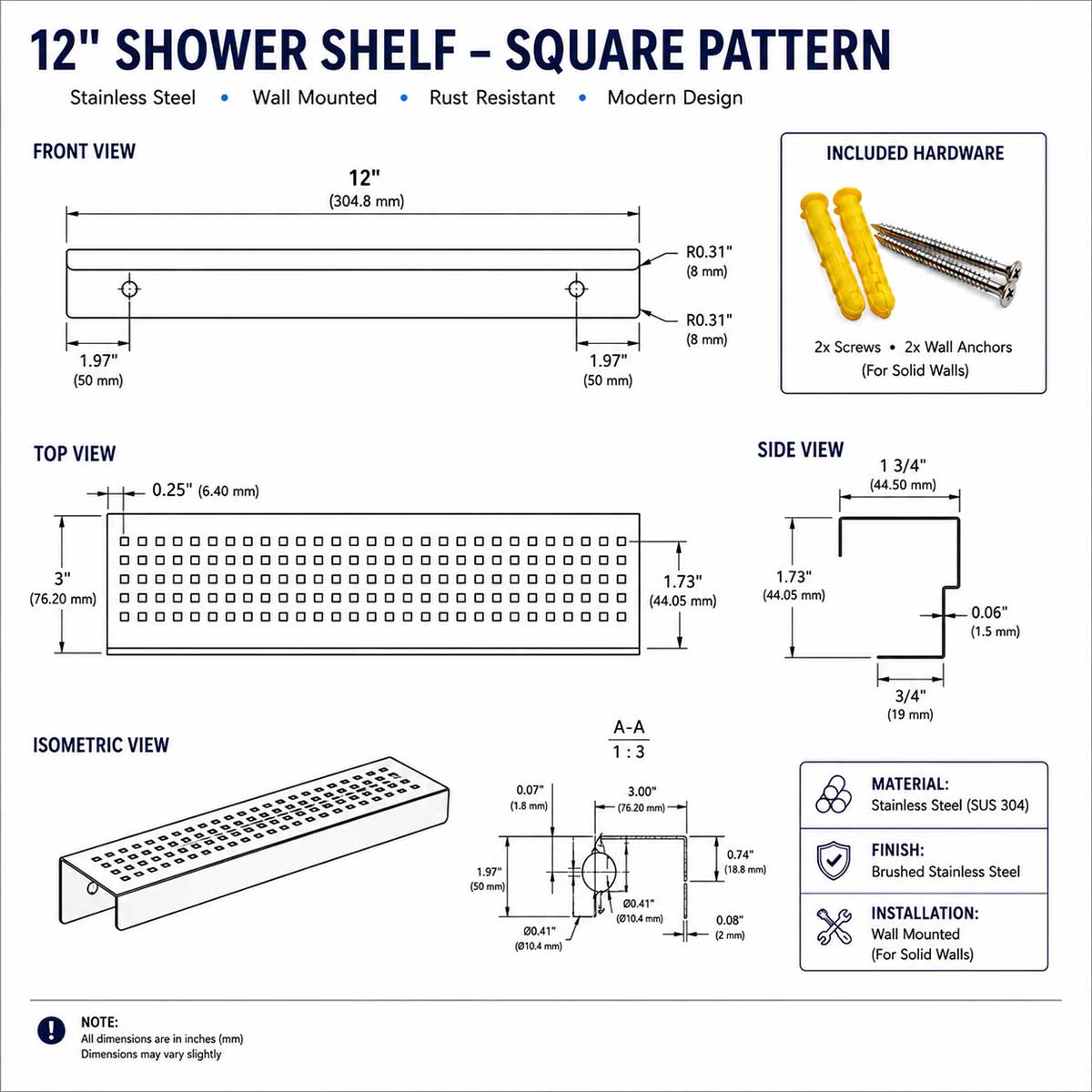 SereneDrains 12 inch rectangular stainless steel shower shelf with square pattern and installation hardware