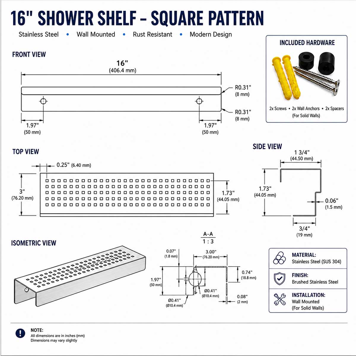 SereneDrains 16 inch rectangular stainless steel shower shelf with square pattern and installation hardware