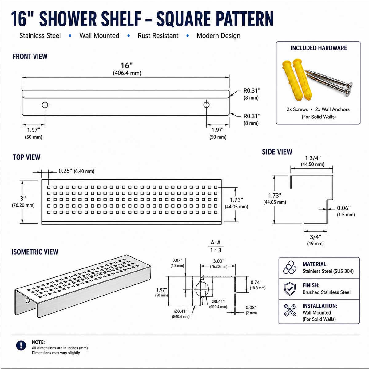 SereneDrains 16 inch rectangular stainless steel shower shelf with square pattern and installation hardware