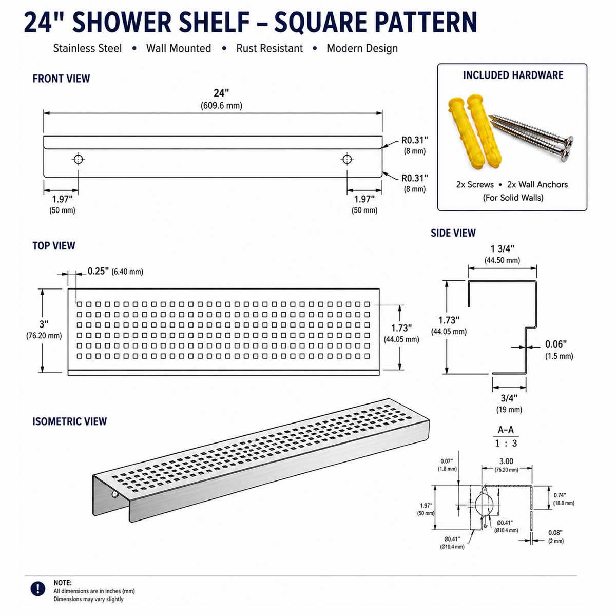 SereneDrains 24 inch rectangular stainless steel shower shelf with square pattern and installation hardware