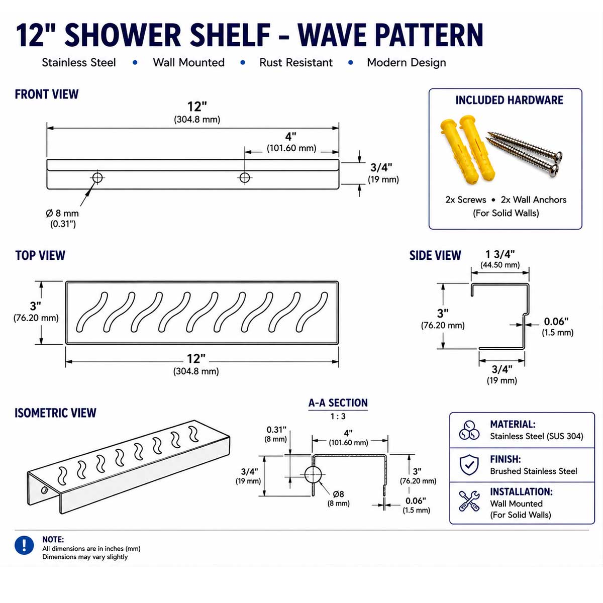 SereneDrains Rectangular 12 Inch Wave Pattern Shower Shelf Technical Drawing