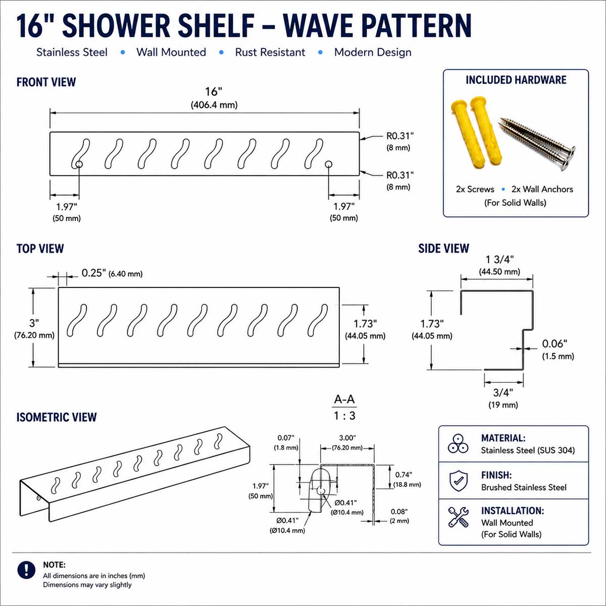 SereneDrains Rectangular 16 Inch Wave Pattern Shower Shelf Technical Drawing