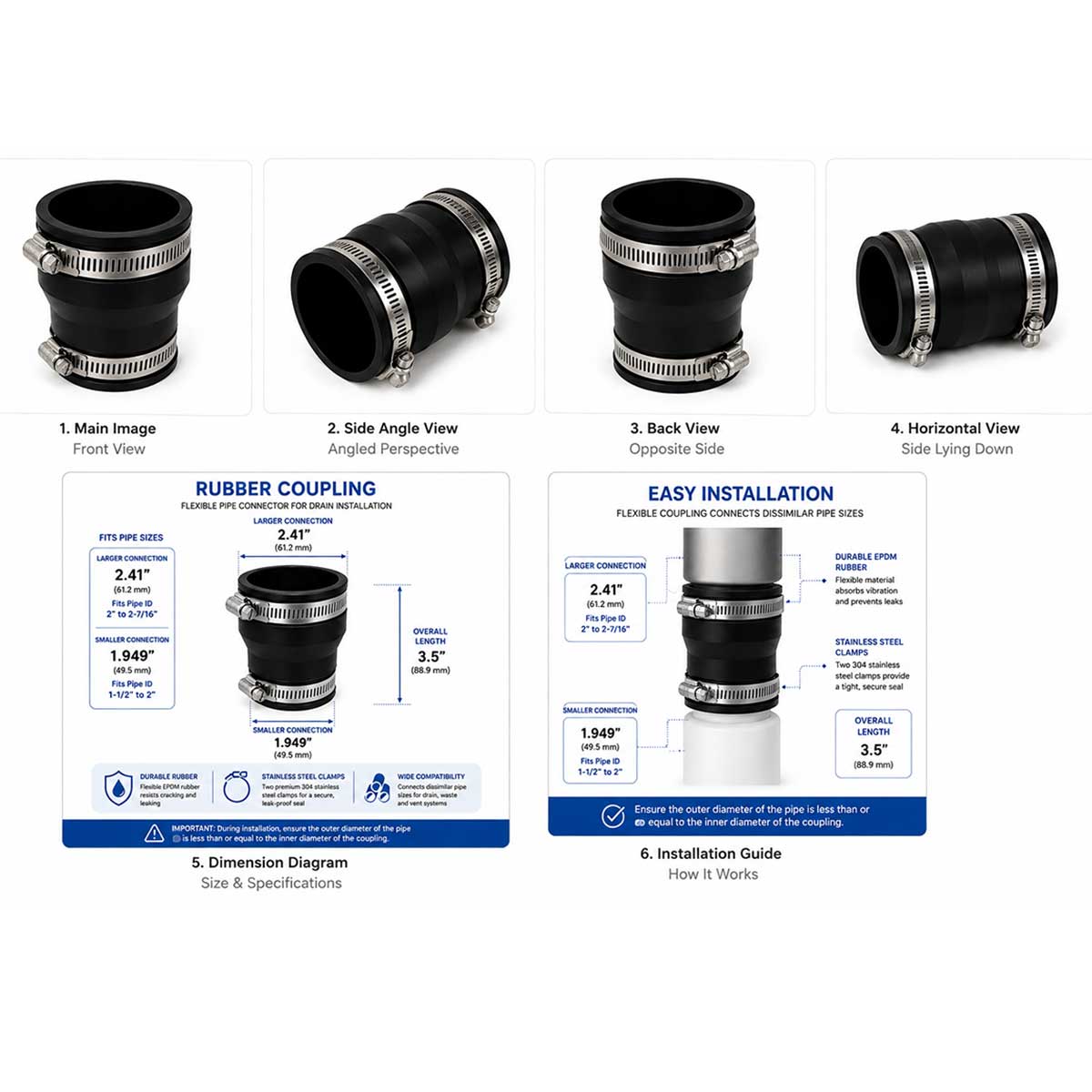 Flexible rubber reducing coupling installation with stainless steel clamps