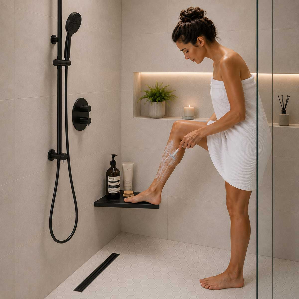 SereneDrains Matte Black Triangle Shower Shelf with Foot Rest