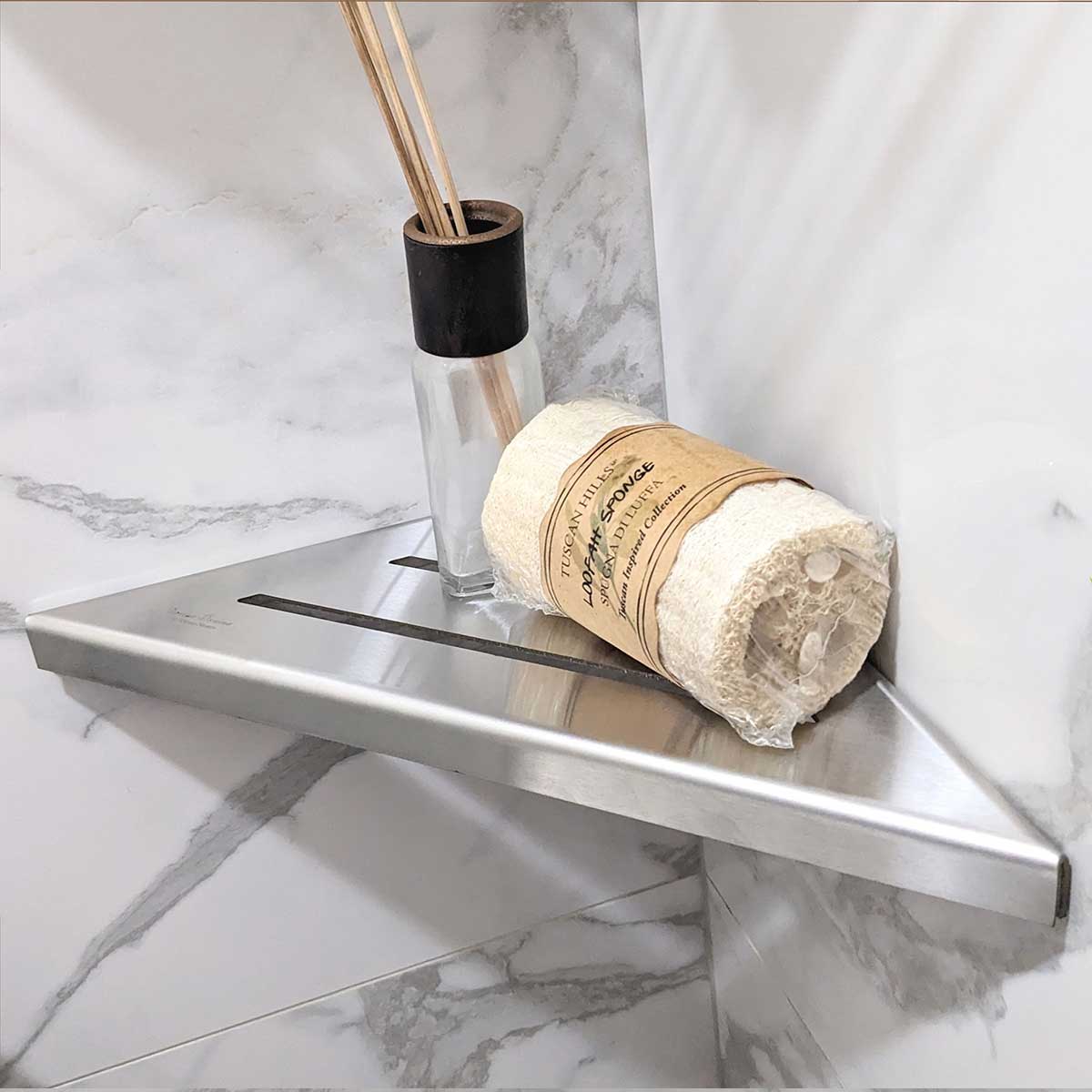 SereneDrains Triangle Brushed Stainless Steel Corner Shower Shelf Bathroom