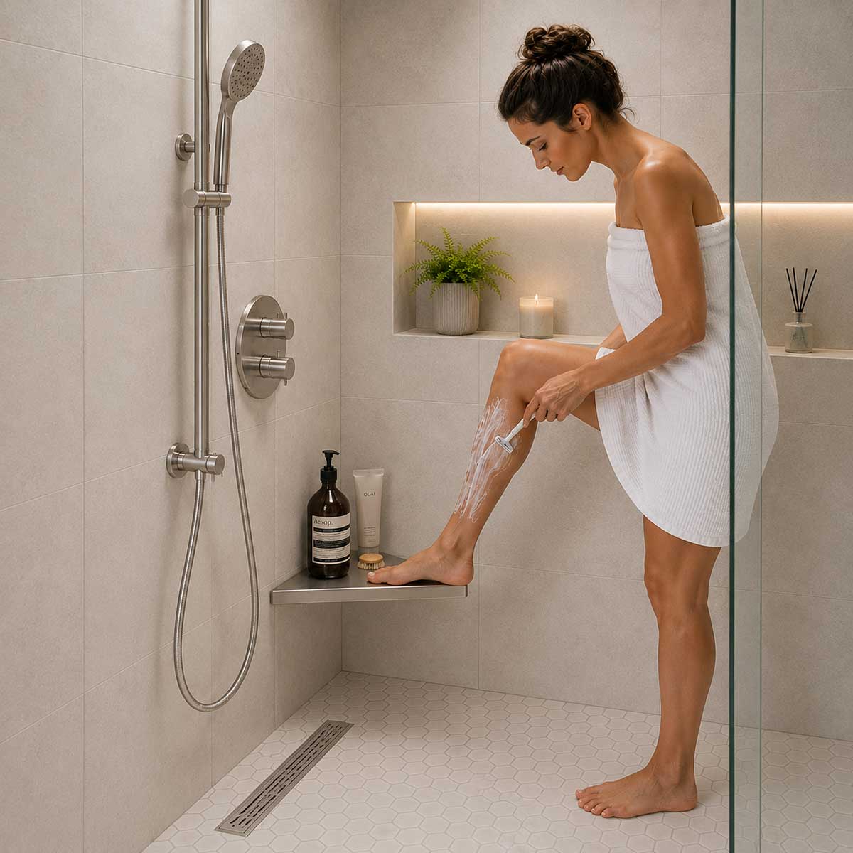 SereneDrains Triangle Brushed Stainless Steel Triangle Shower Shelf with Foot Rest
