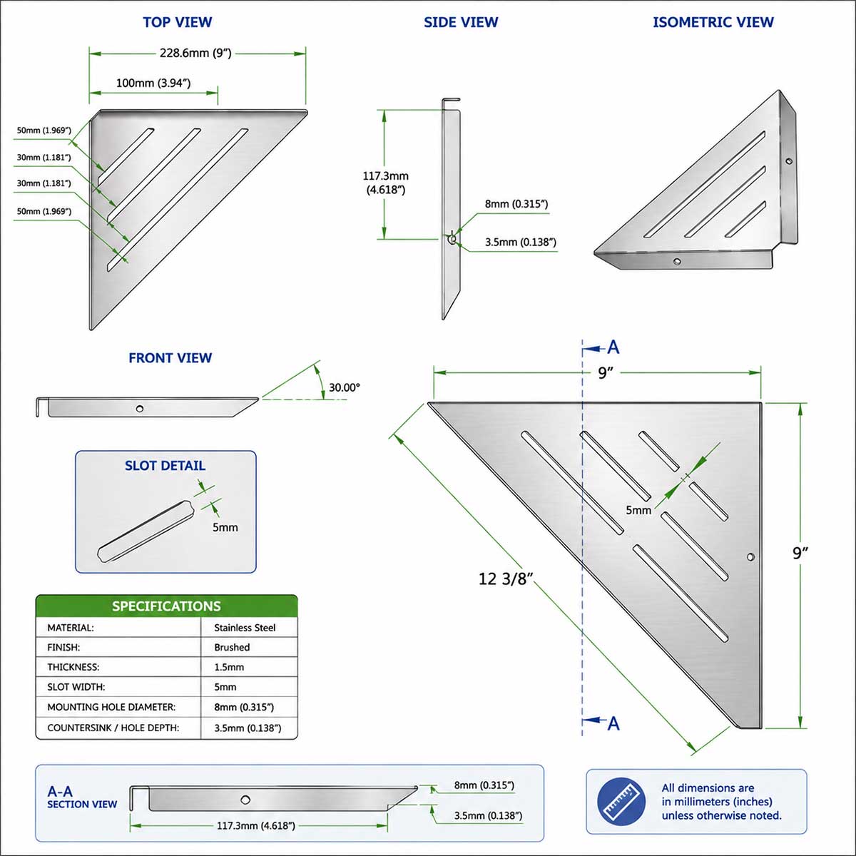 serenedrains Triangle Shower Shelf Technical Drawing 9 inch
