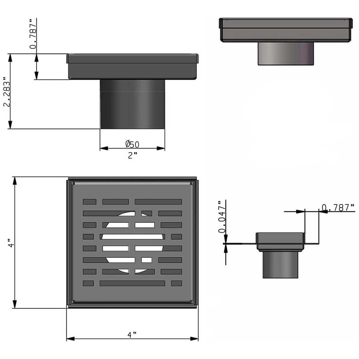SereneDrains Wow Drain TM Side Discharge Outlet with 4 Inch Square Shower Drain Horizontal Low Profile
