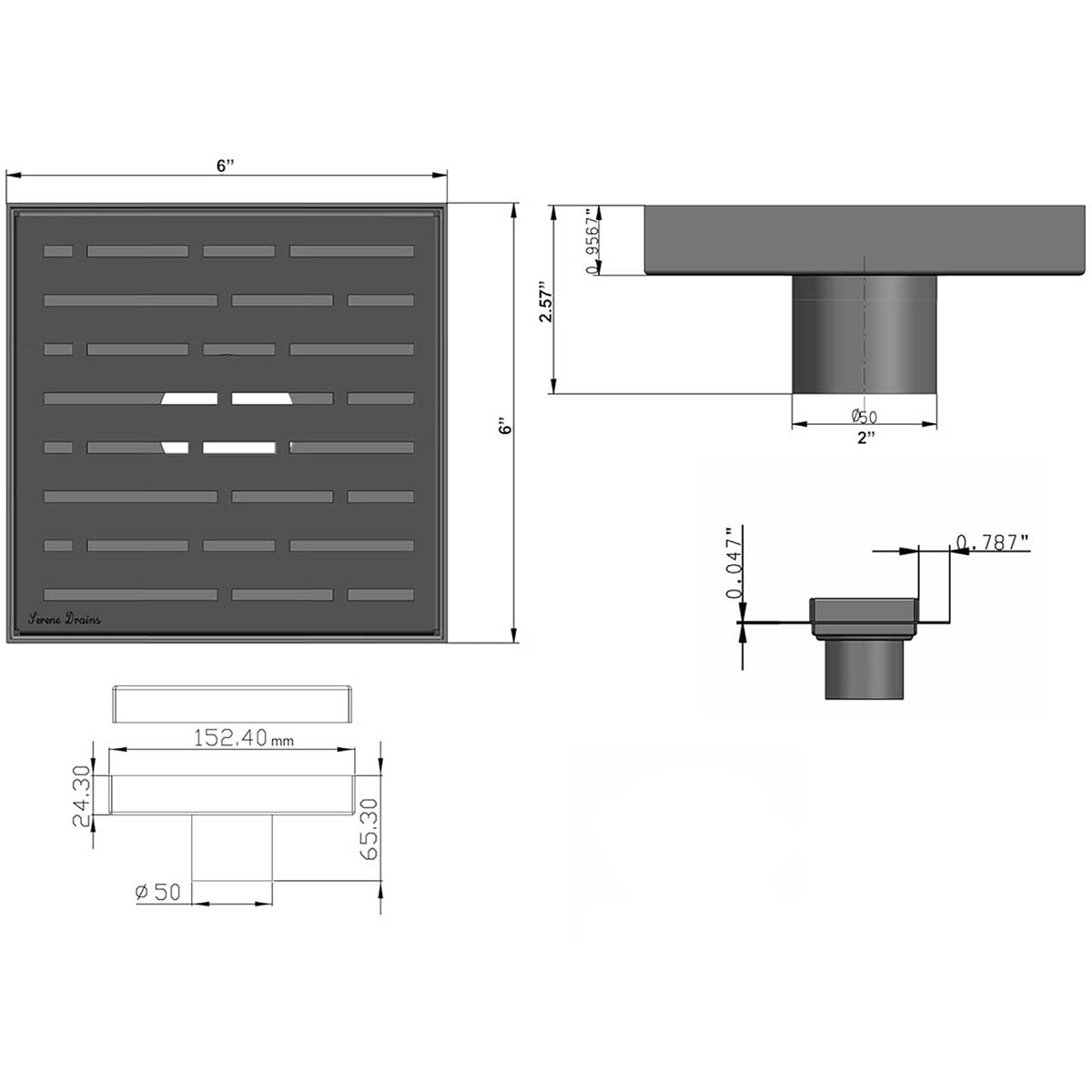 SereneDrains Wow Drain TM Side Discharge Outlet with 6 Inch Square Shower Drain Horizontal Low Profile