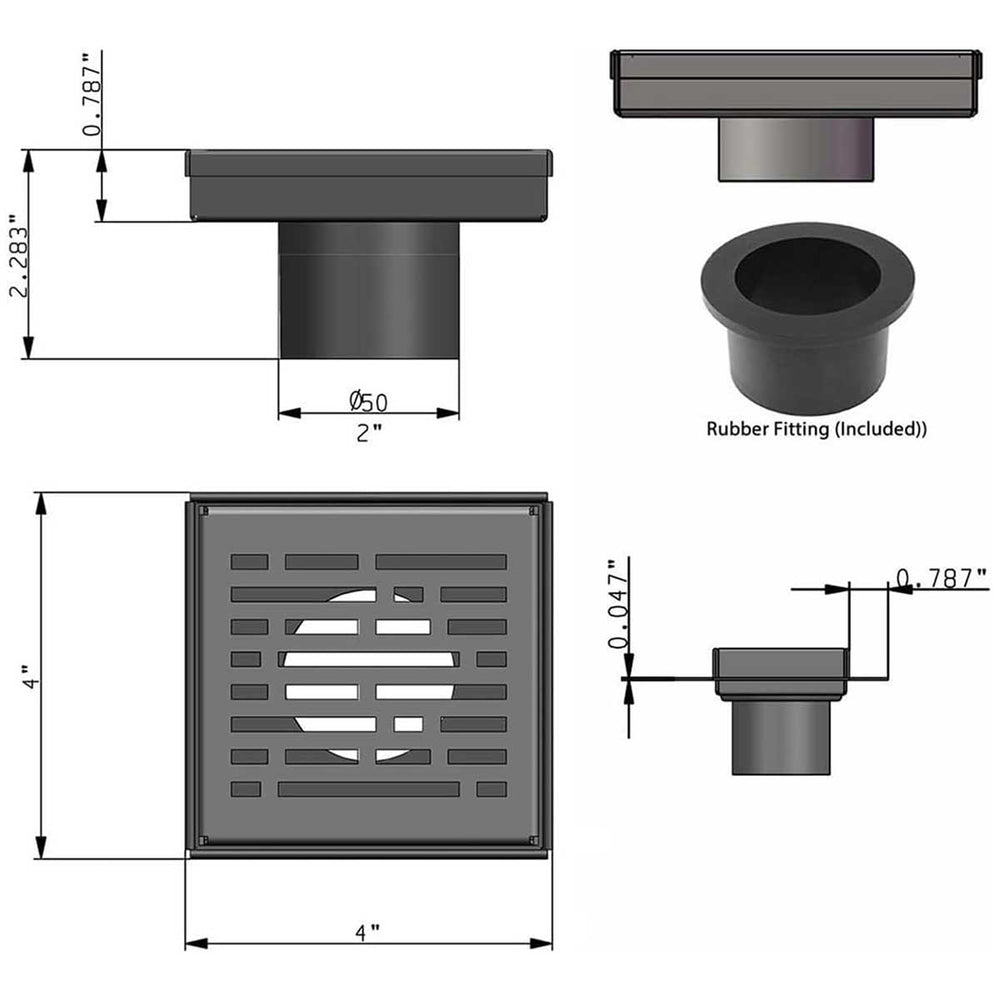 Technical drawing of SereneDrains Square Shower Drain Broken Lane 4