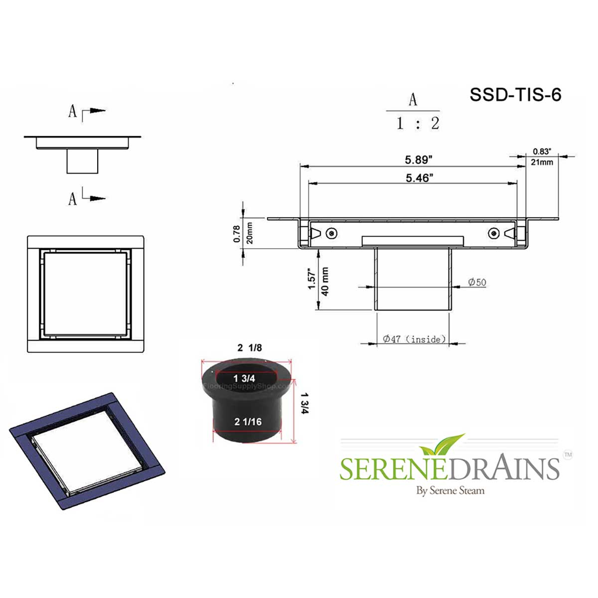 SereneDrains Square Shower Drain Invisible Hidden 6 inch