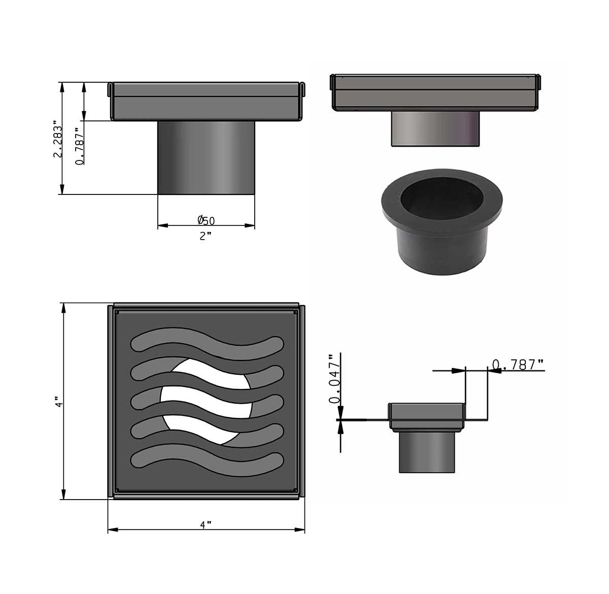 SereneDrains Square Shower Drain Kit with Base - Ocean Wave - Brushed Nickel - 4 Inch