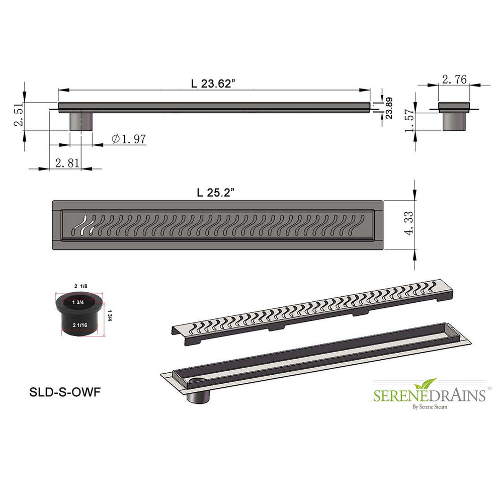 SereneDrains Linear Shower Drain Offset Outlet Ocean Wave - Brushed 24