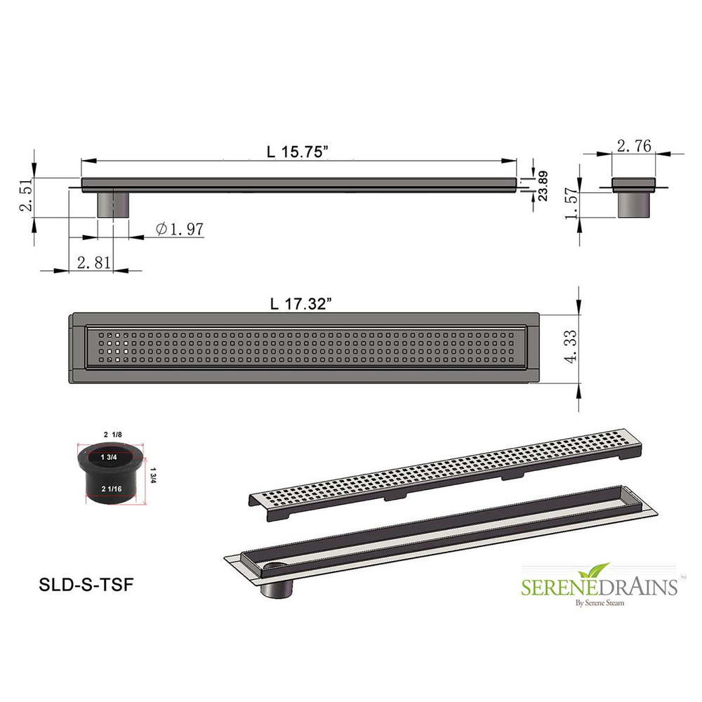 SereneDrains Linear Shower Drain Offset Outlet Square - Brushed 16