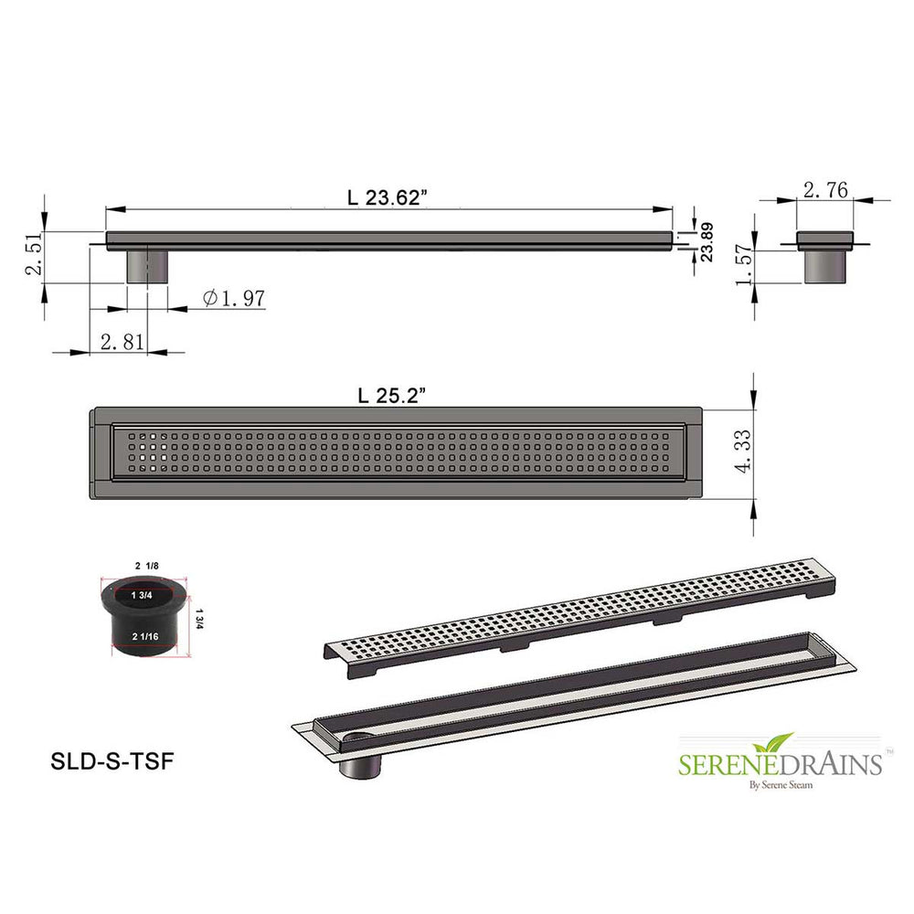 SereneDrains Linear Shower Drain Offset Outlet Square - Brushed 24