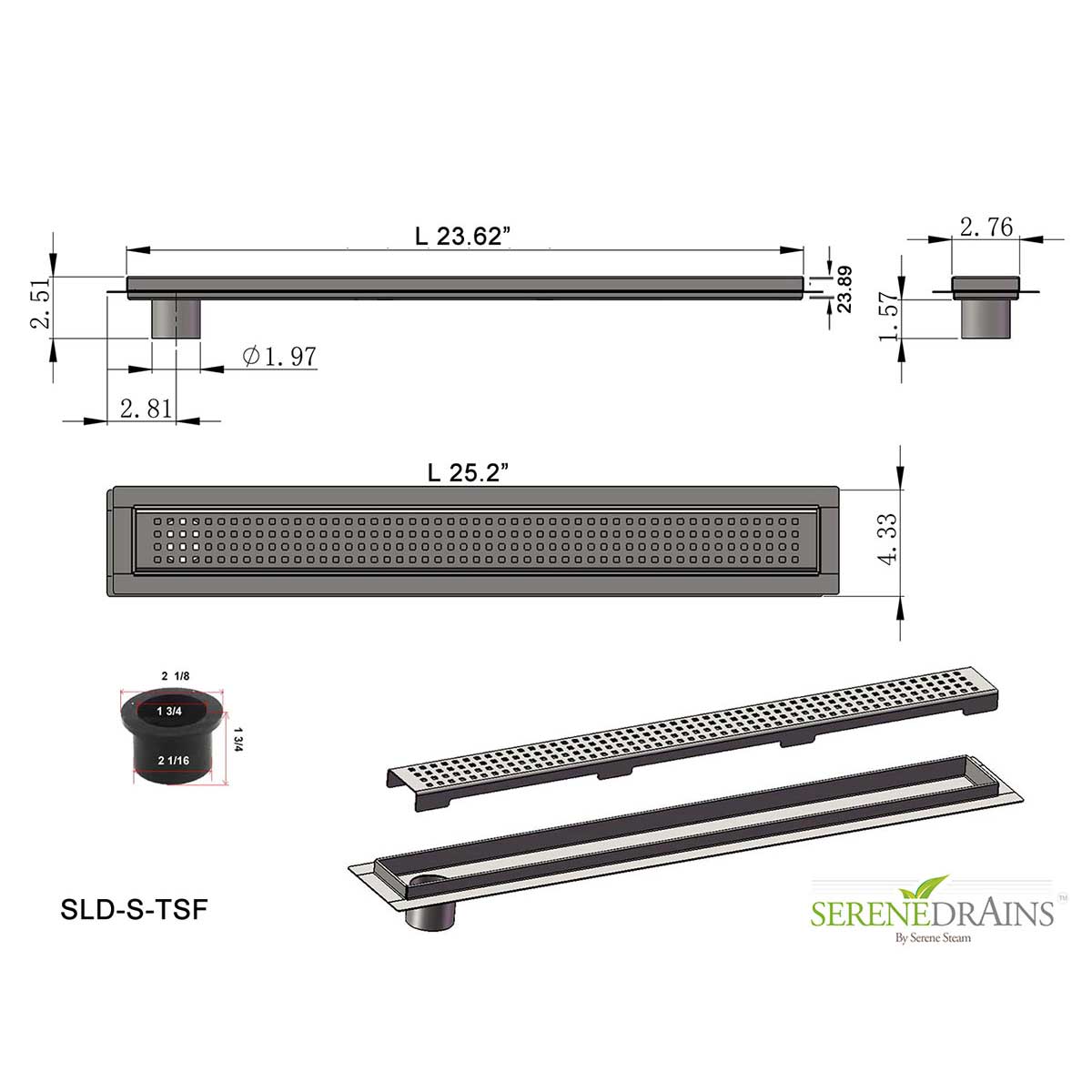 SereneDrains Linear Shower Drain Offset Outlet Square - Brushed 24