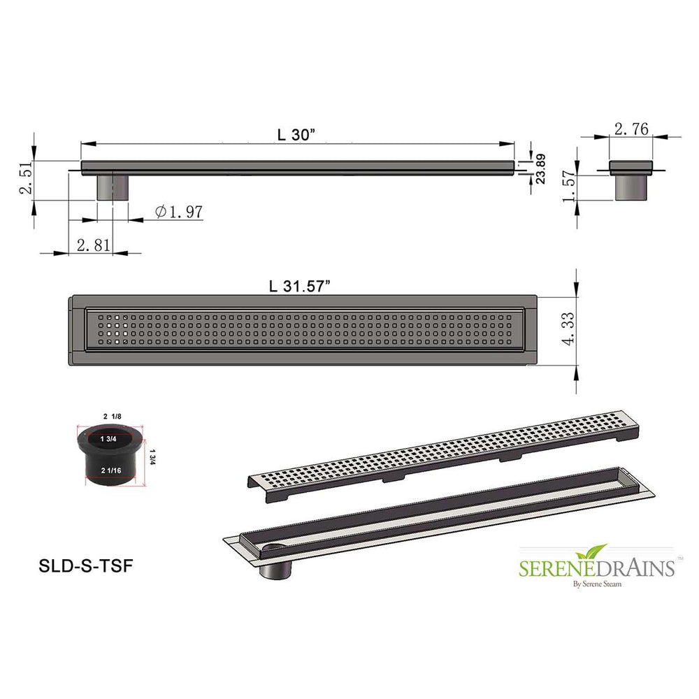SereneDrains Linear Shower Drain Offset Outlet Square - Brushed 30
