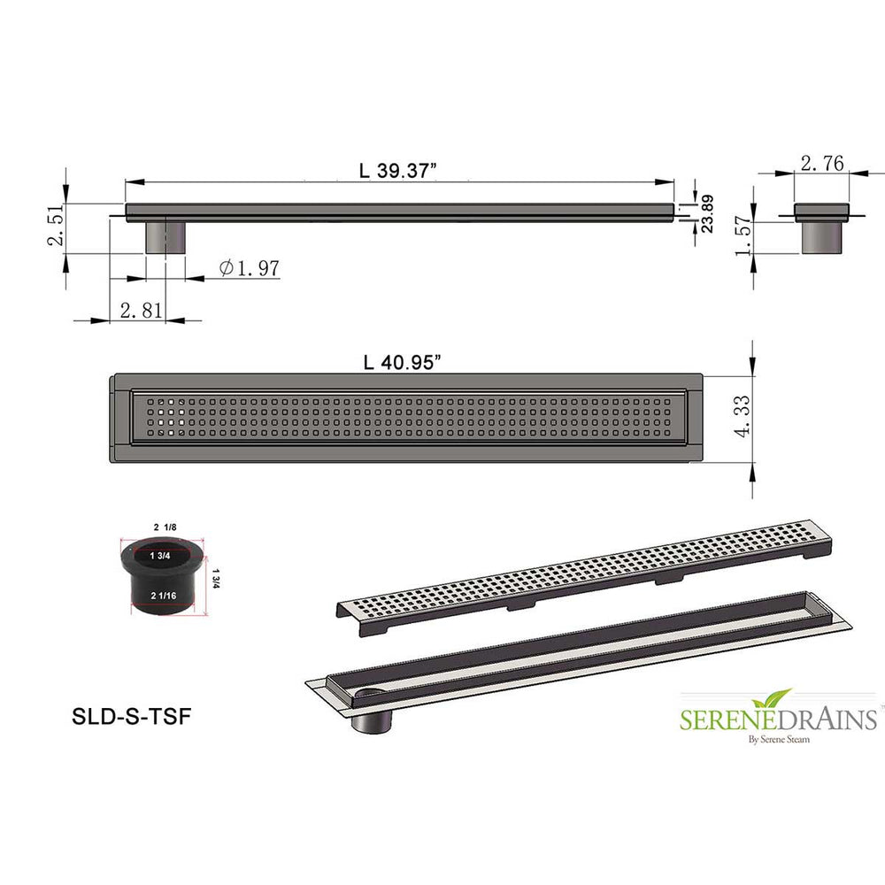 SereneDrains Linear Shower Drain Offset Outlet Square - Brushed 39