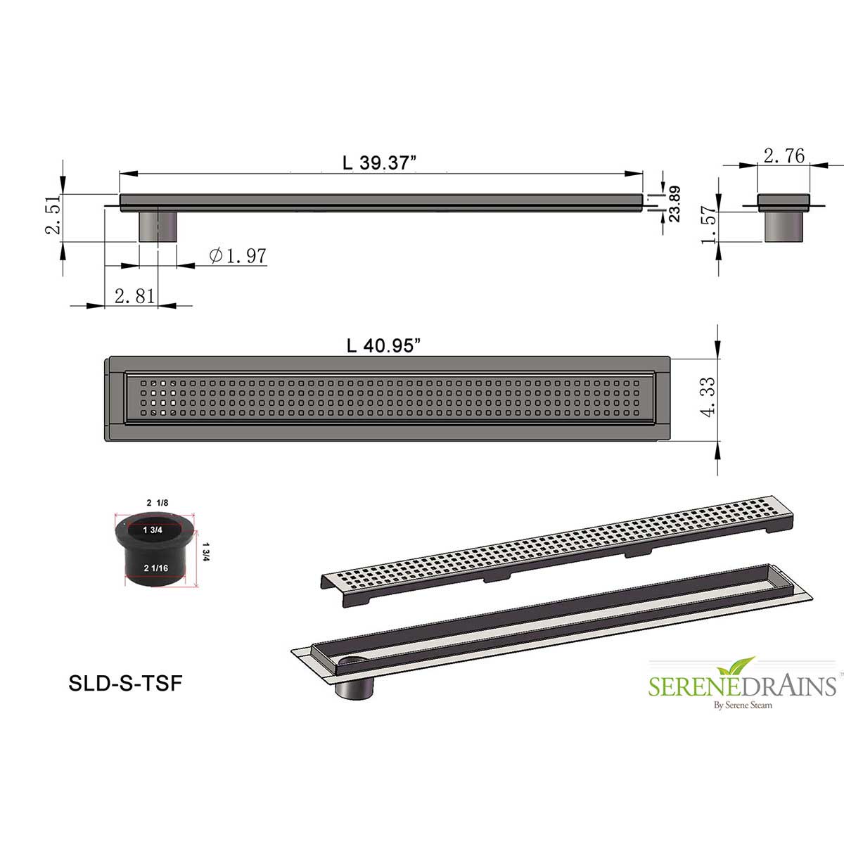 SereneDrains Linear Shower Drain Offset Outlet Square - Brushed 39