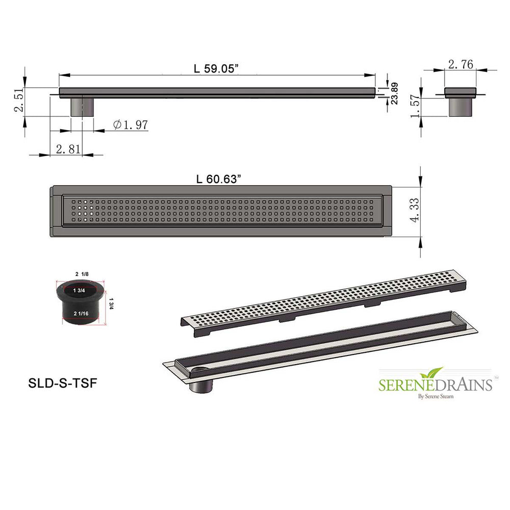 SereneDrains Linear Shower Drain Offset Outlet Square - Brushed 59
