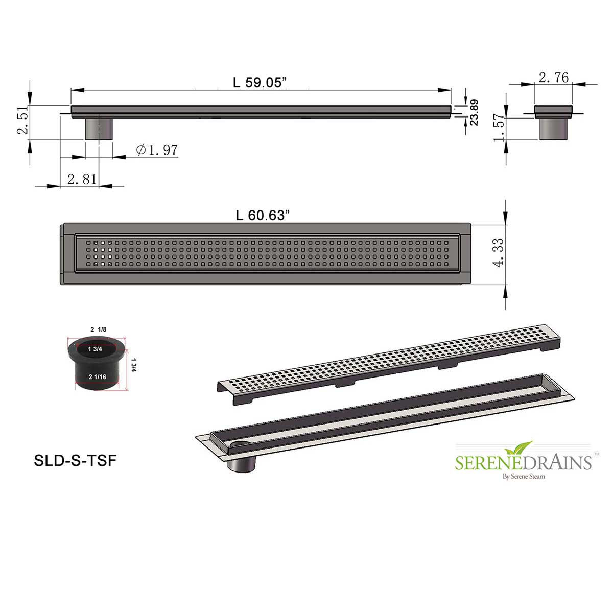 SereneDrains Linear Shower Drain Offset Outlet Square - Brushed 59