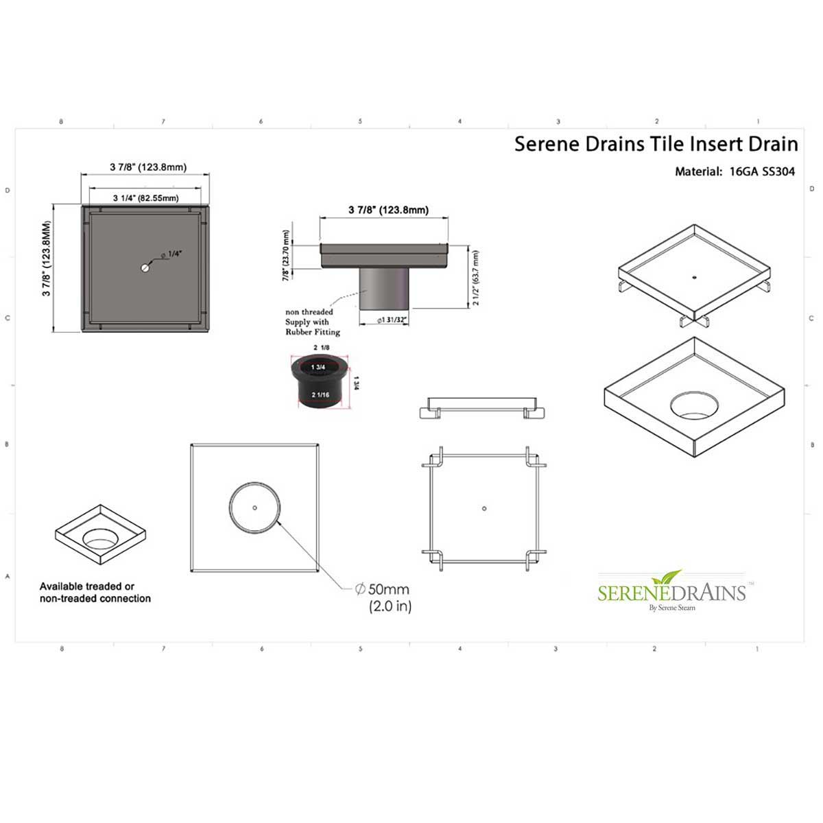 SereneDrains Square Shower Drain Tile Insert Brushed Stainless 4