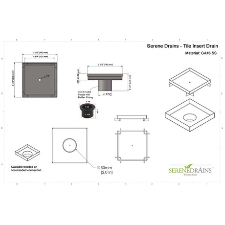 Technical diagram of Serene Drains Tile Insert Drain with dimensions and material details.