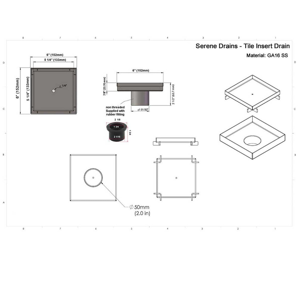 SereneDrains Square Shower Drain Broken Lane Matte White 6
