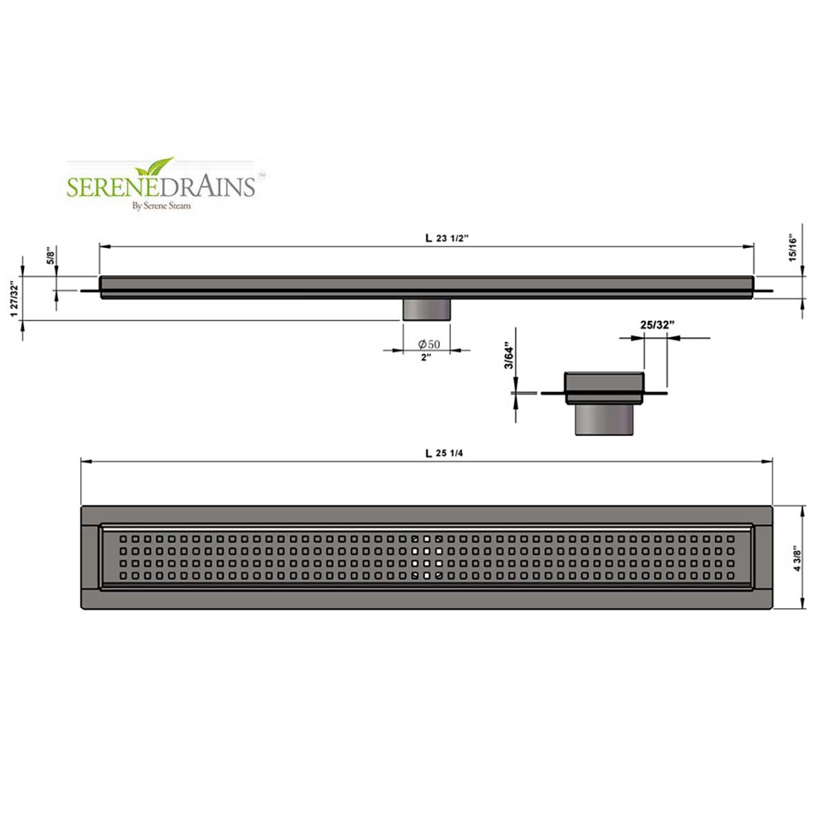 SereneDrains Linear Shower Drain Traditional Square - Brushed 24
