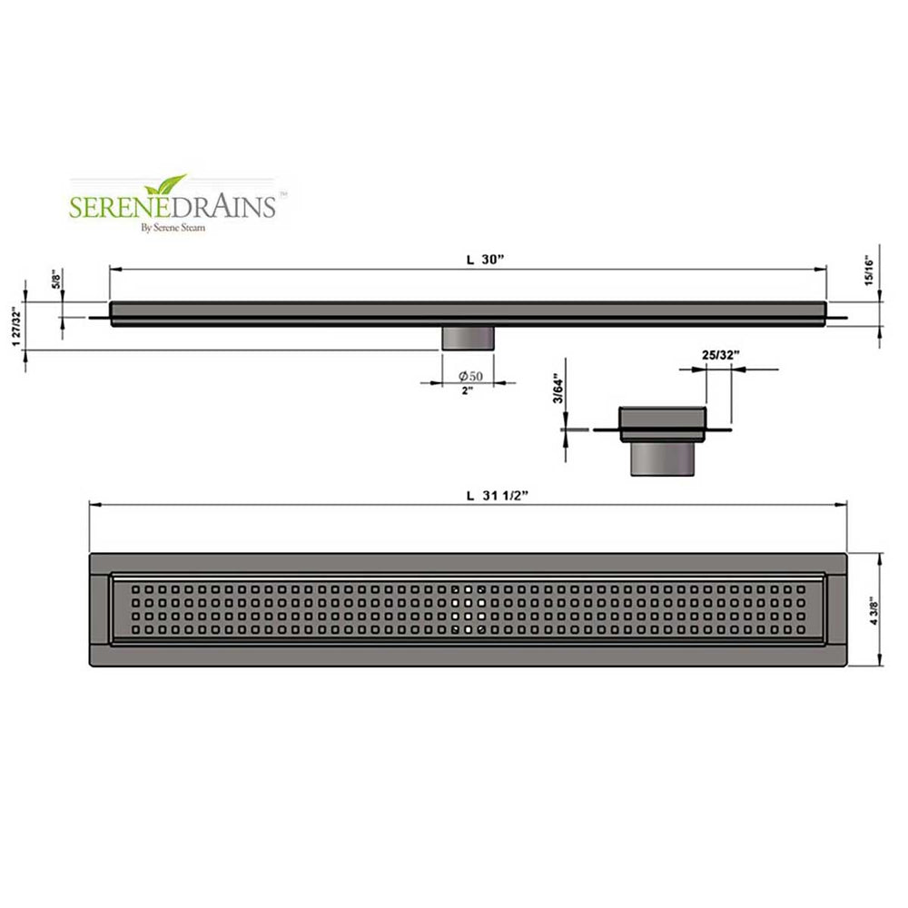 SereneDrains Linear Shower Drain Traditional Square - Brushed 30