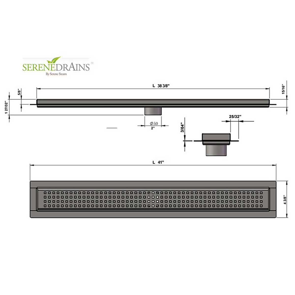 SereneDrains Linear Shower Drain Traditional Square - Brushed 39