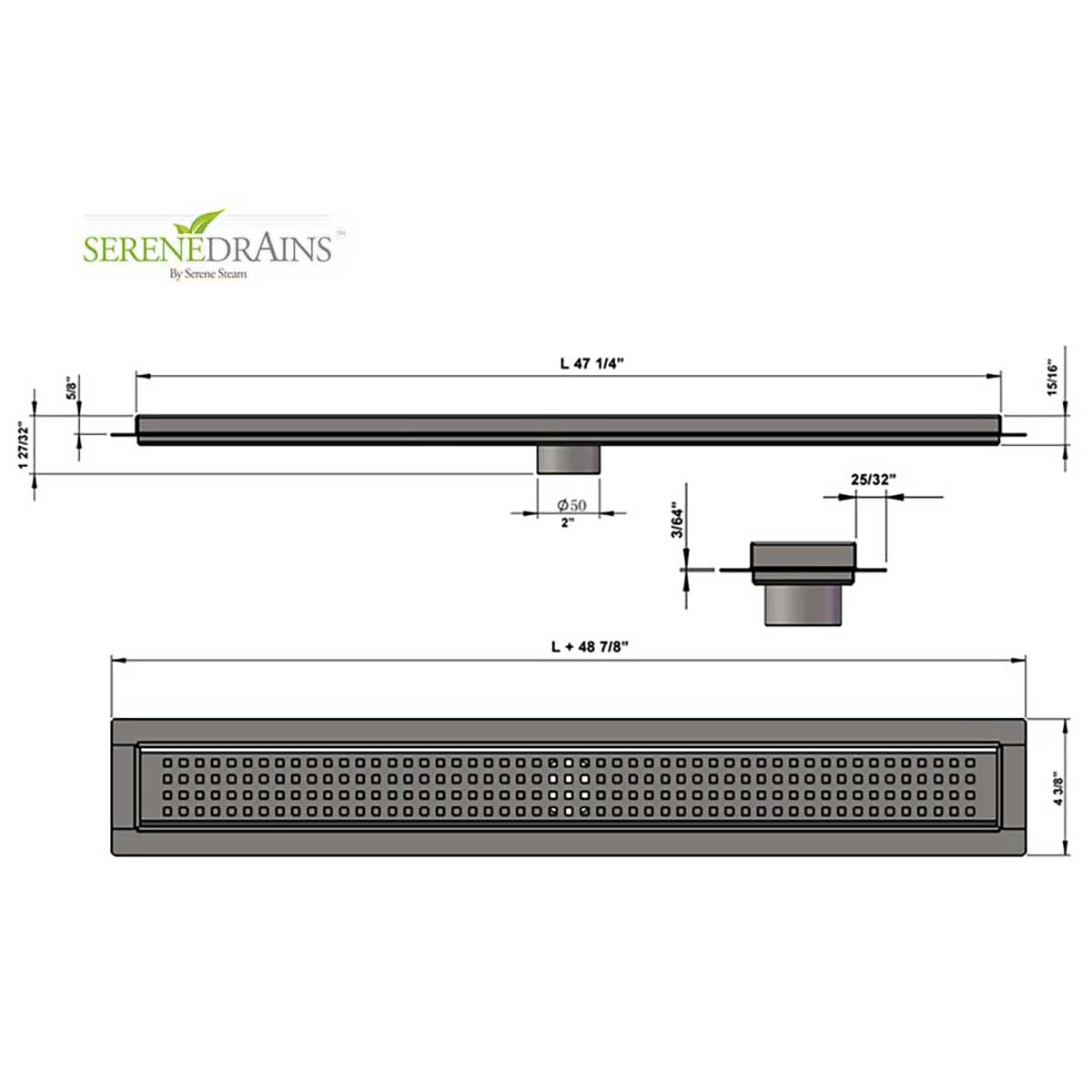 SereneDrains Linear Shower Drain Traditional Square - Brushed 47