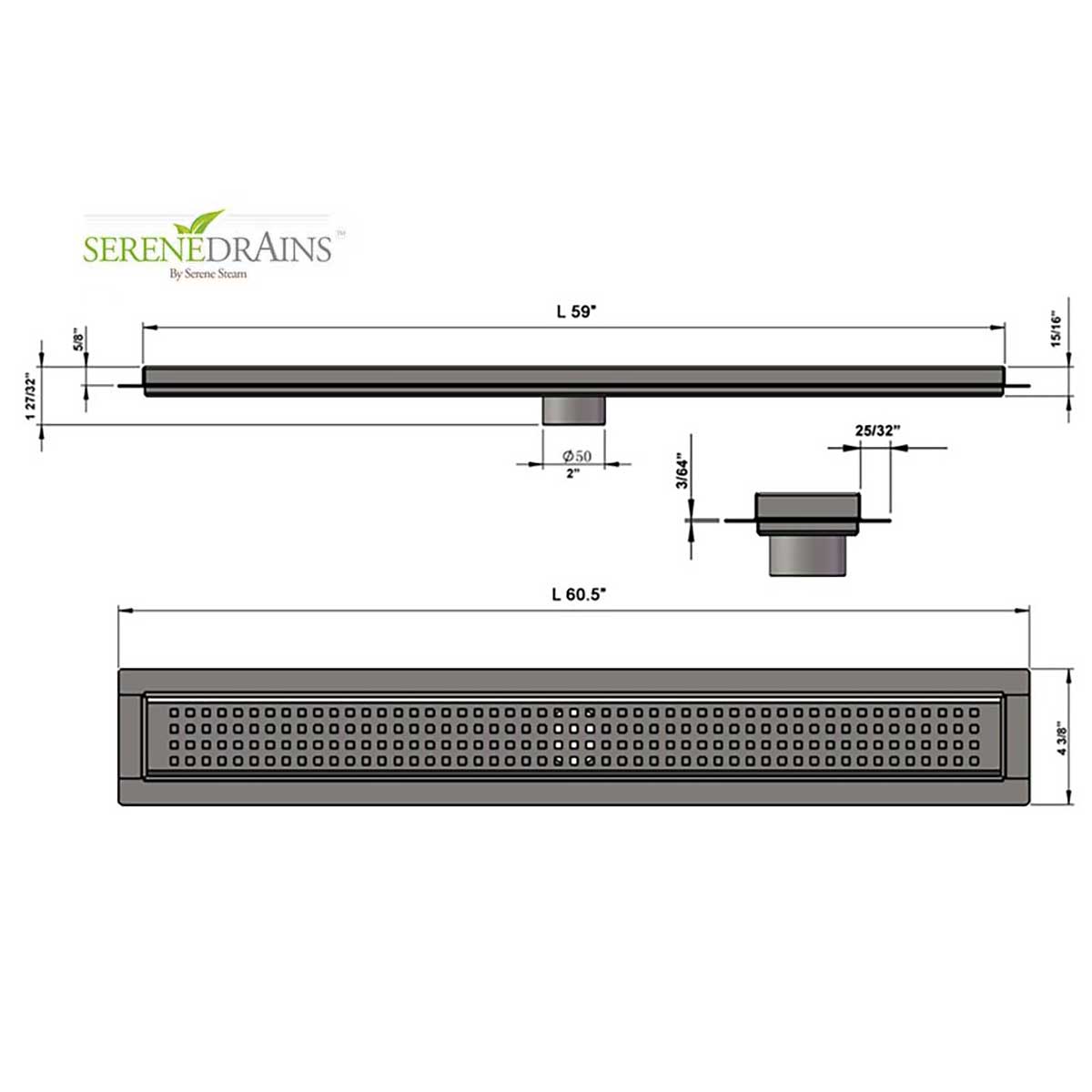 SereneDrains Linear Shower Drain Traditional Square - Brushed 59
