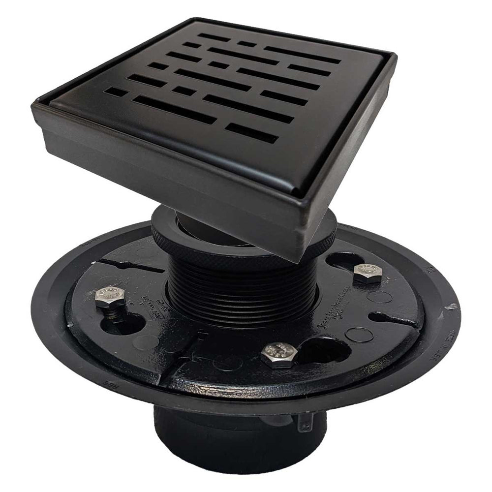 SereneDrains Square Shower Drain Kit with Base - Broken Lane - Matte Black - 4 Inch