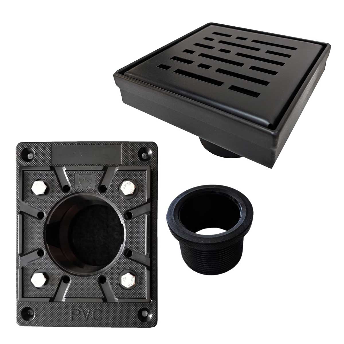 SereneDrains Square Shower Drain Kit with Base - Broken Lane - Matte Black - 4 Inch