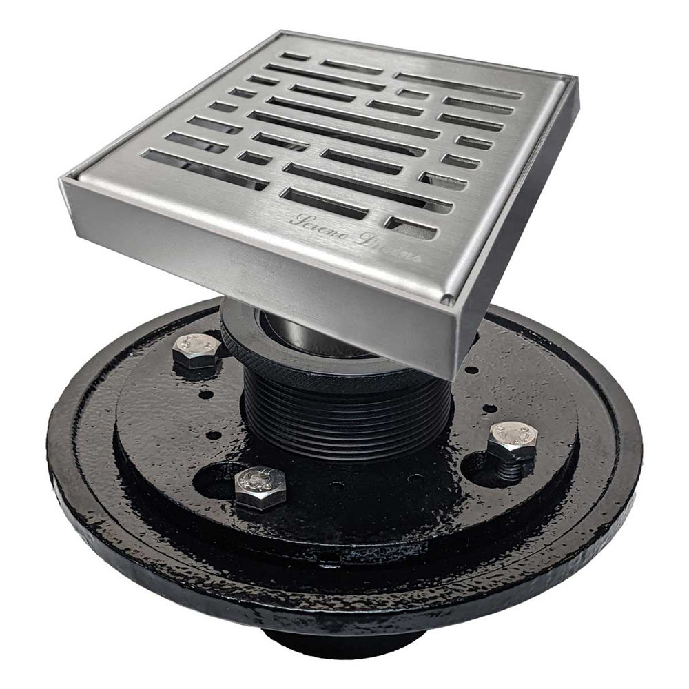 SereneDrains Square Shower Drain Kit with Base - Broken Lane - Brushed Nickel - 4 Inch