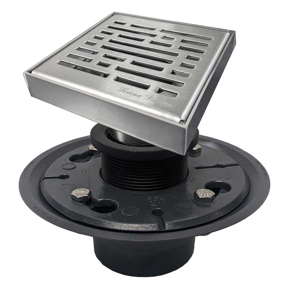 SereneDrains Square Shower Drain Kit with Base - Broken Lane - Brushed Nickel - 4 Inch