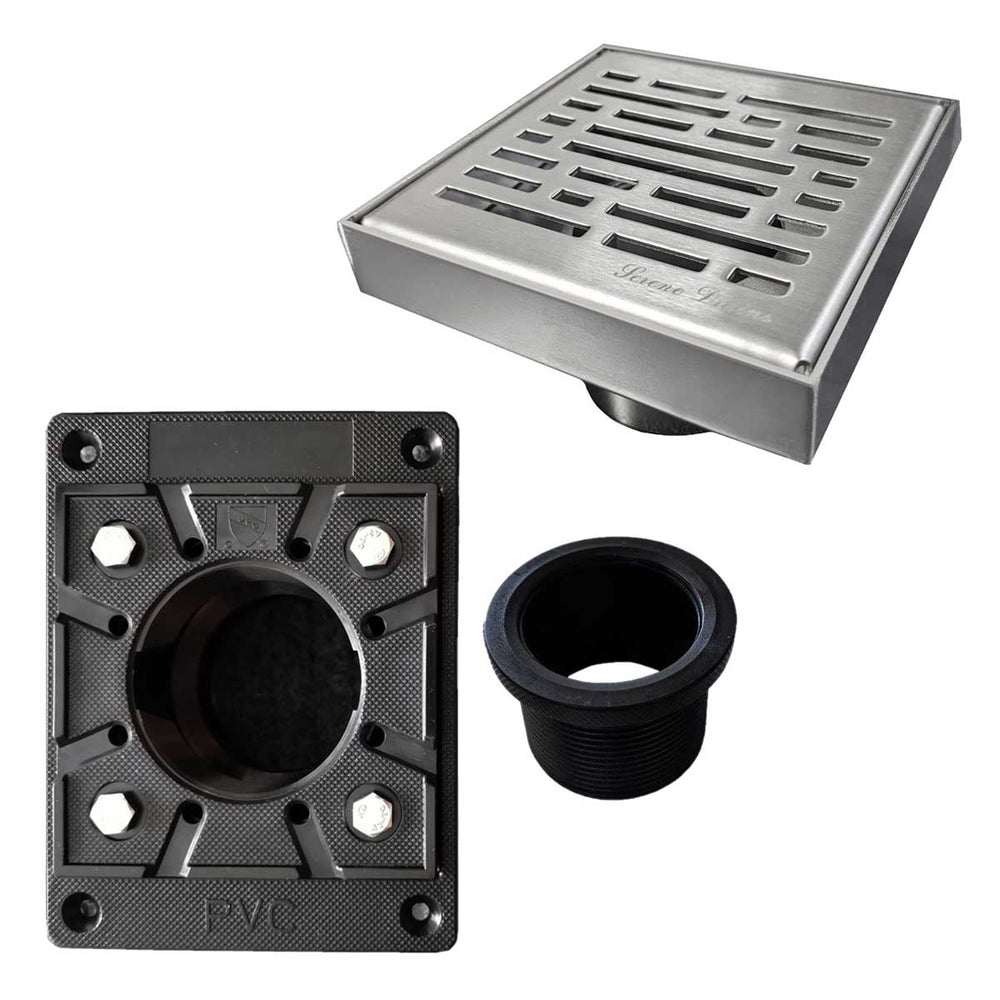 SereneDrains Square Shower Drain Kit with Base - Broken Lane - Brushed Nickel - 4 Inch