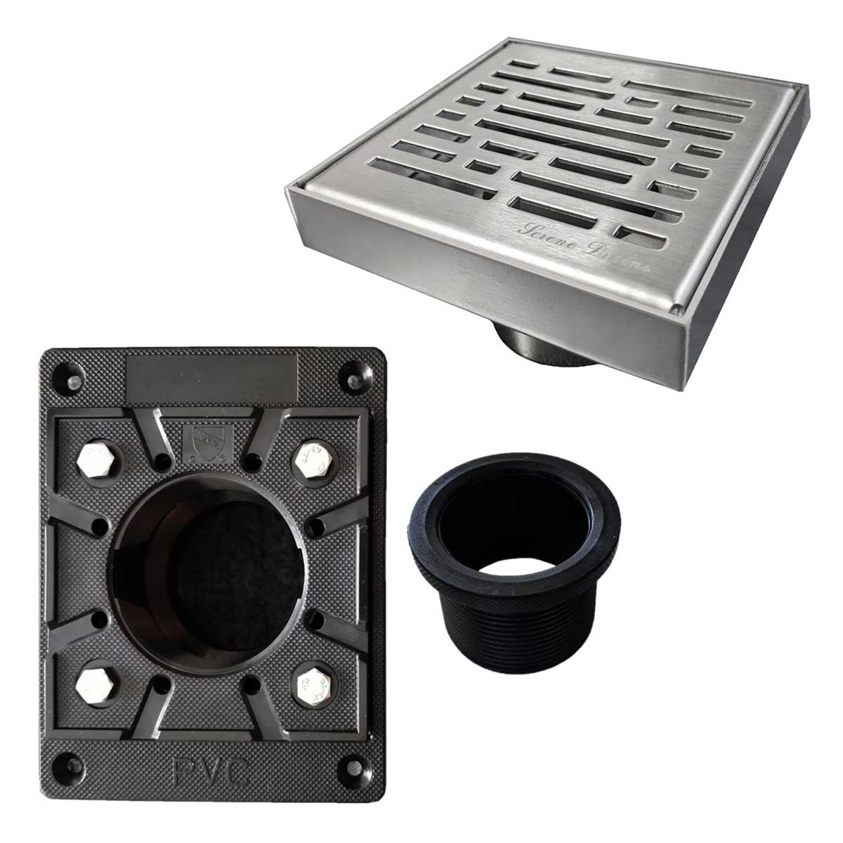 SereneDrains Square Shower Drain Kit with Base - Broken Lane - Brushed Nickel - 4 Inch