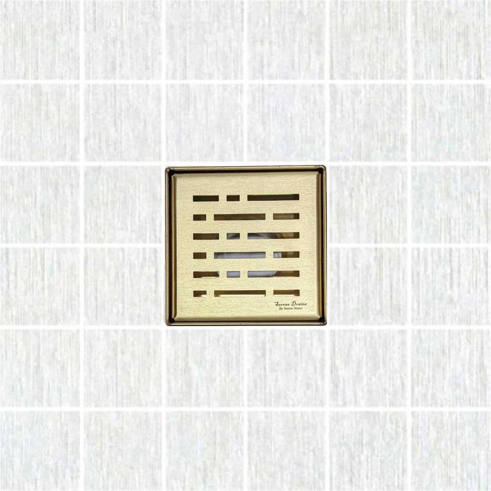 SereneDrains Square Shower Drain Kit with Base - Broken Lane - Matte Gold - 4 Inch