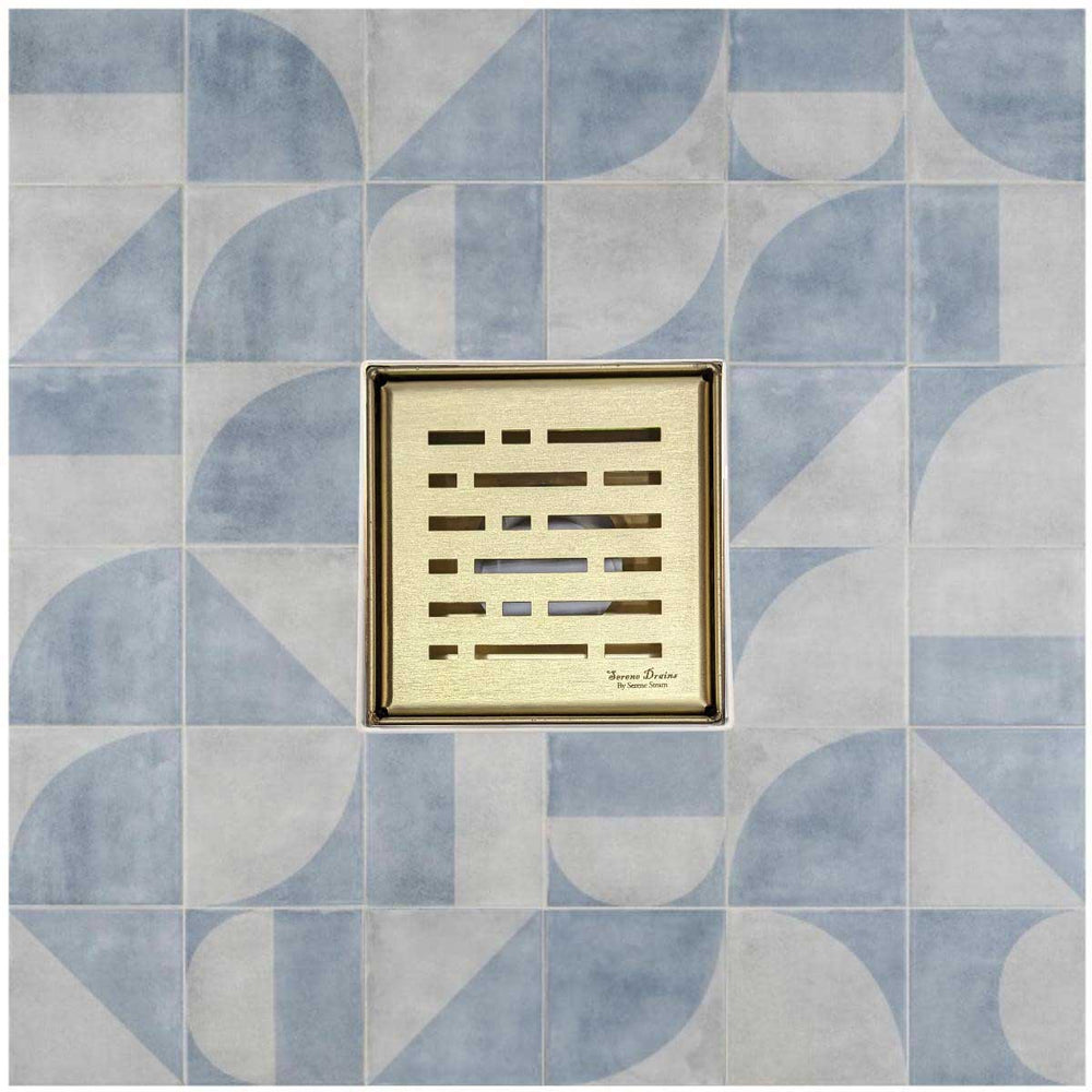 SereneDrains Square Shower Drain Kit with Base - Broken Lane - Matte Gold - 4 Inch