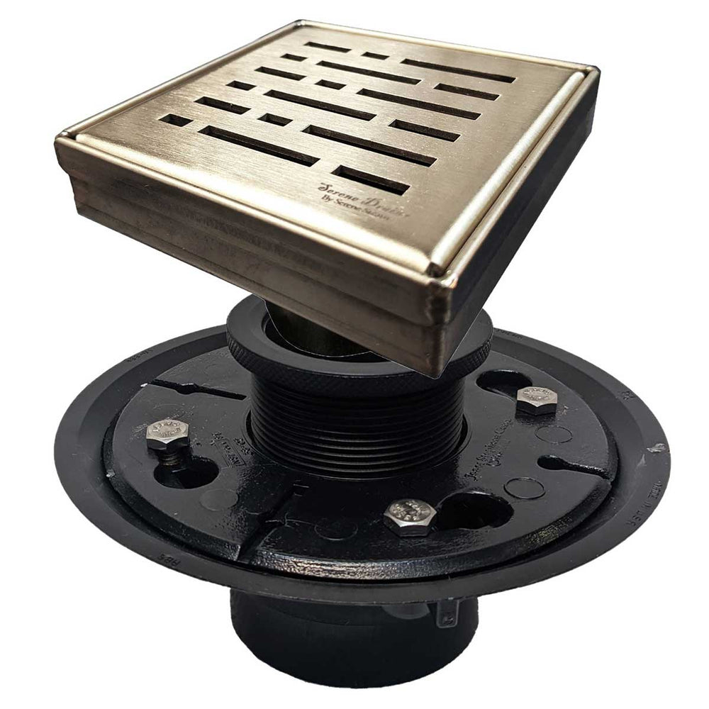 SereneDrains Square Shower Drain Kit with Base - Broken Lane - Matte Gold - 4 Inch
