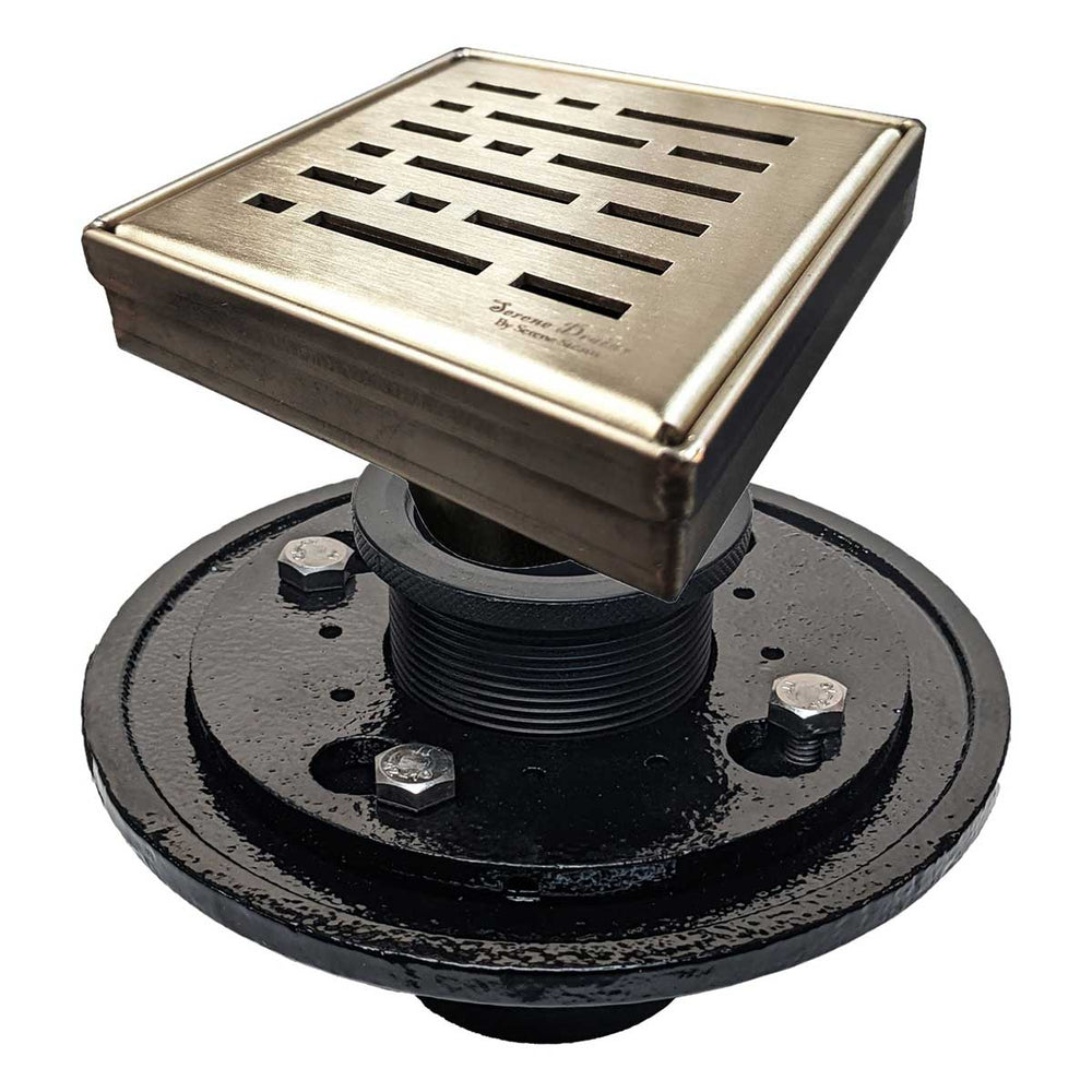 SereneDrains Square Shower Drain Kit with Base - Broken Lane - Matte Gold - 4 Inch