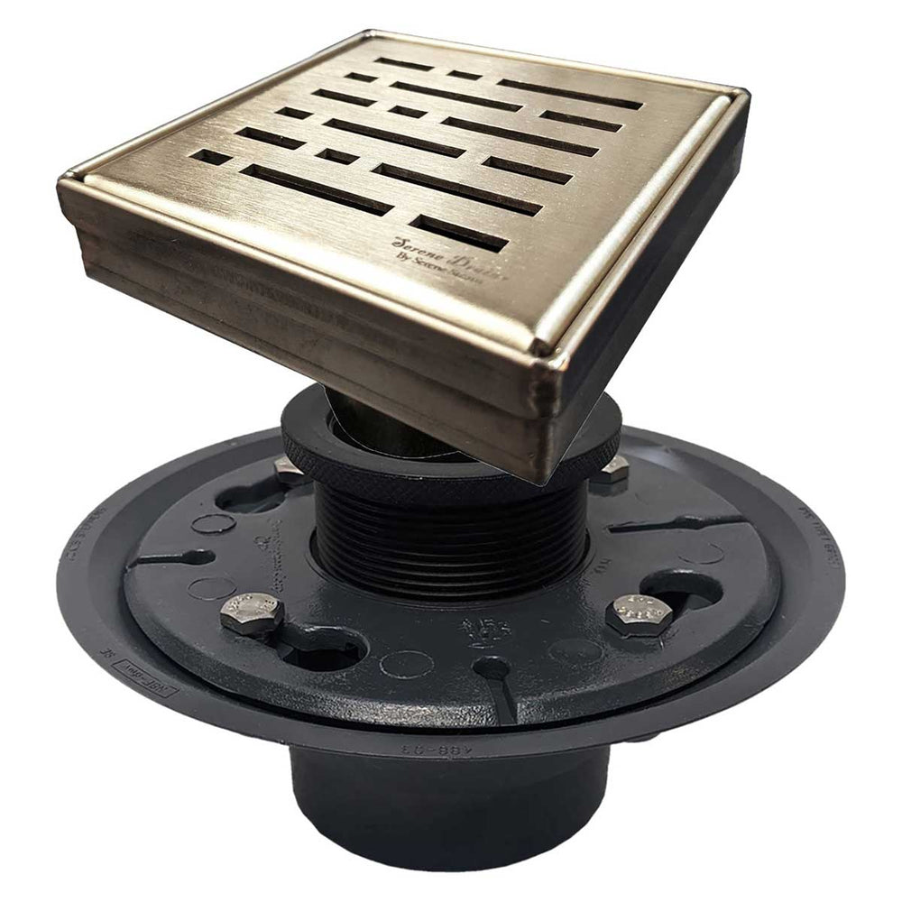 SereneDrains Square Shower Drain Kit with Base - Broken Lane - Matte Gold - 4 Inch